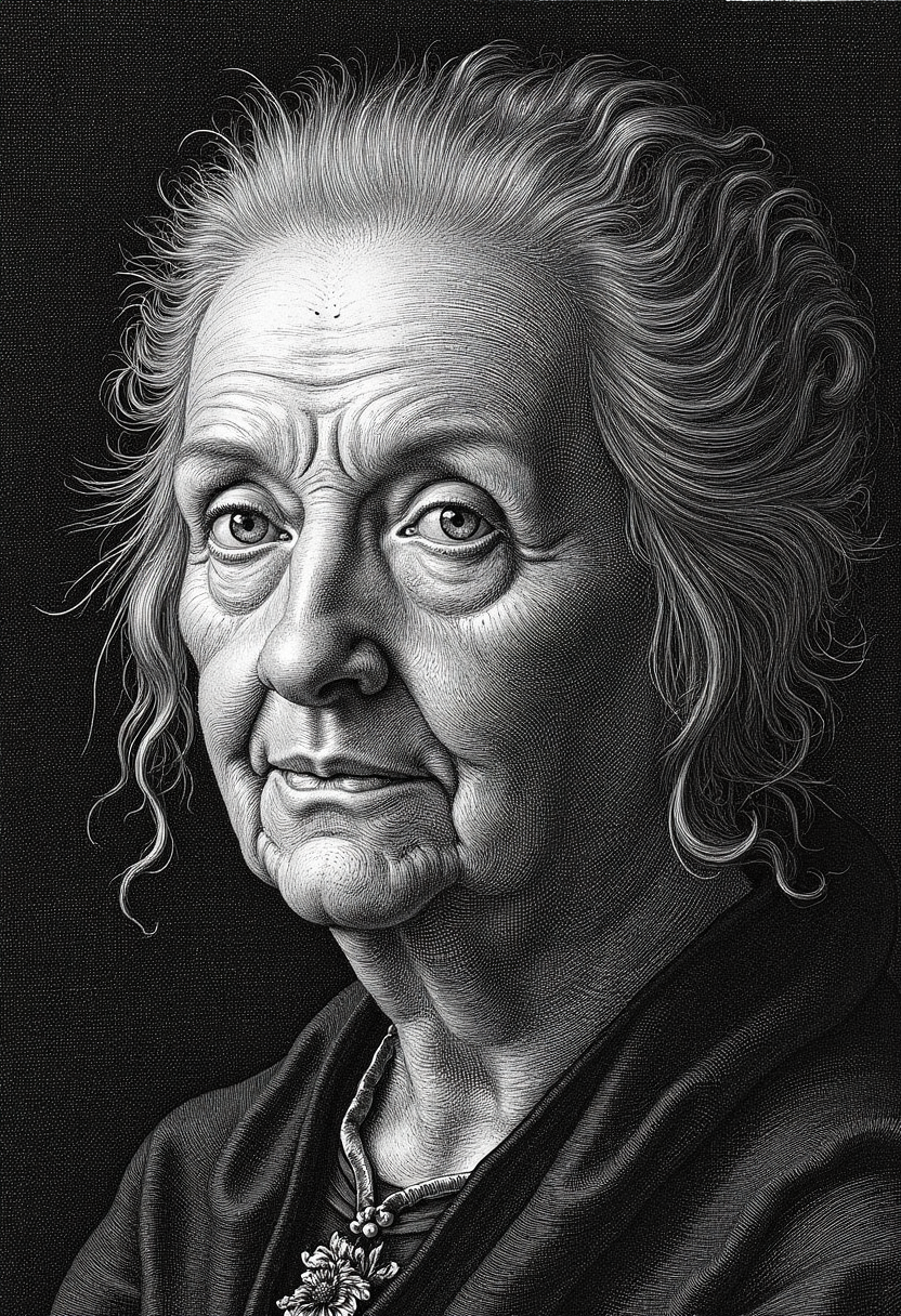 engraving in the style of yfg-durer, Highly details, HRD, 12K. A portrait of resilience shines through in a photo of a 100-year-old Irish matriarch. The dramatic lighting casts shadows, accentuating her high-detail skin and eyes, as smokey memories linger in her gaze.