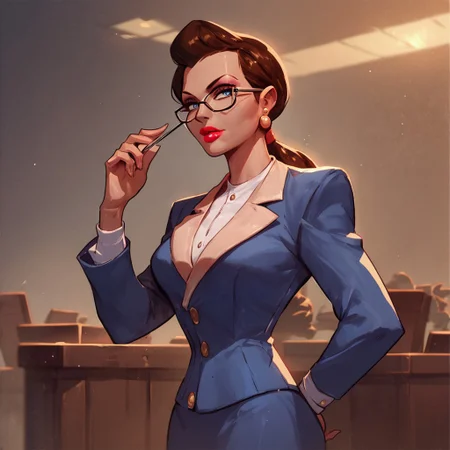 score_9, score_8_up, score_7_up, solo, 1girl, makeup, lipstick, ponytail, brown hair, blue eyes, formal, glasses, skirt suit, formal, earrings, breast, face focus, courtroom background, Janet Van Dorn, looking at viewer