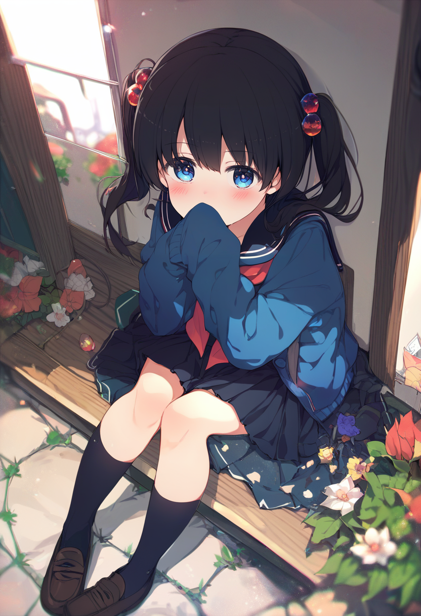 score_9, score_8_up, score_7_up, score_6_up, <lora:ogipoteXLP6lokrV42310-000124:0.95> 1girl, solo, blue eyes, school uniform, long hair, twintails, hair ornament, black hair, sitting, serafuku, skirt, wariza, socks, sleeves past wrists, black socks, looking at viewer, blush, shoes, kneehighs, hair bobbles, loafers, covering own mouth, flower, pleated skirt, neckerchief, red neckerchief, long sleeves, sweater