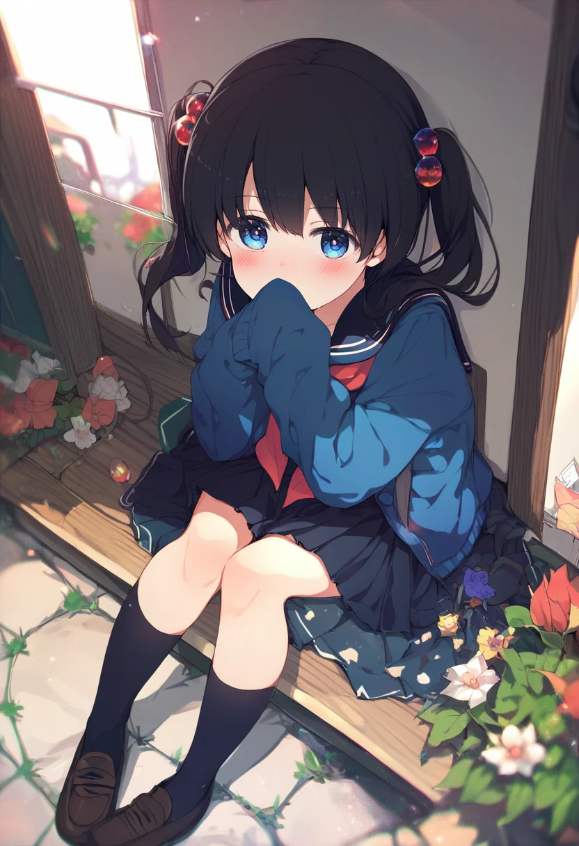 score_9, score_8_up, score_7_up, score_6_up, <lora:ogipoteXLP6lokrV42310-000124:0.95> 1girl, solo, blue eyes, school uniform, long hair, twintails, hair ornament, black hair, sitting, serafuku, skirt, wariza, socks, sleeves past wrists, black socks, looking at viewer, blush, shoes, kneehighs, hair bobbles, loafers, covering own mouth, flower, pleated skirt, neckerchief, red neckerchief, long sleeves, sweater