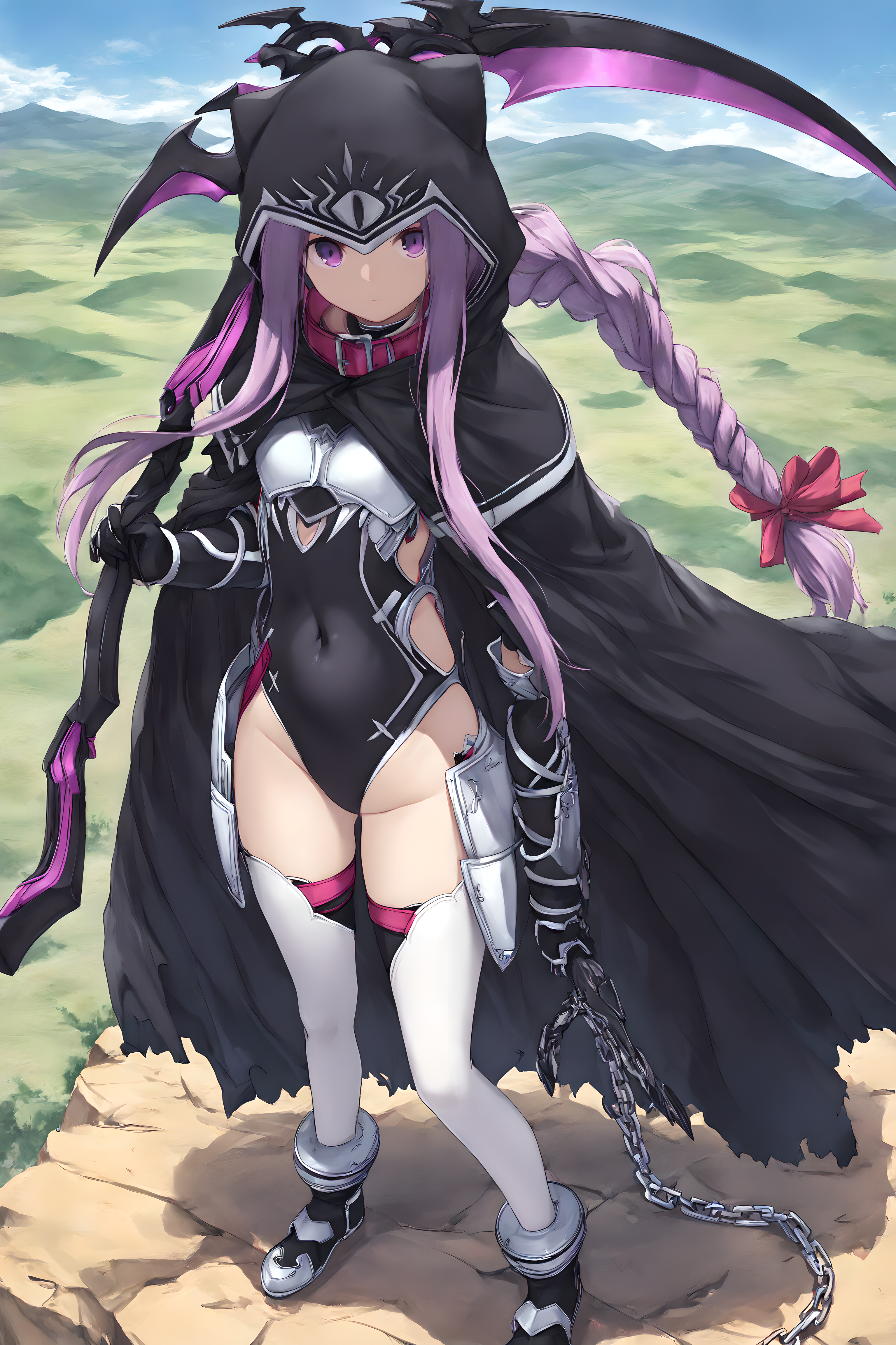 <lora:illustrious_XL_ana:0.9>,ana,masterpiece,best quality,good quality,1girl,solo,looking at viewer,hood,black leotard,armor,collar,covered navel,black cape,black cloak,black gloves,white thighhighs,boots,scythe,chain,holding scythe,day,hills,sky,standing,looking_at_viewer,