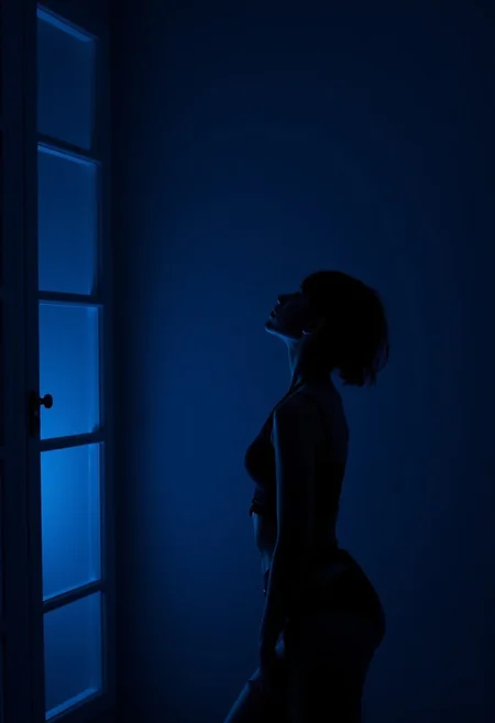 A girl with short black hair stands by a window at night, looking upward. The dark, blue-toned theme emphasizes the indoor, nighttime ambiance.