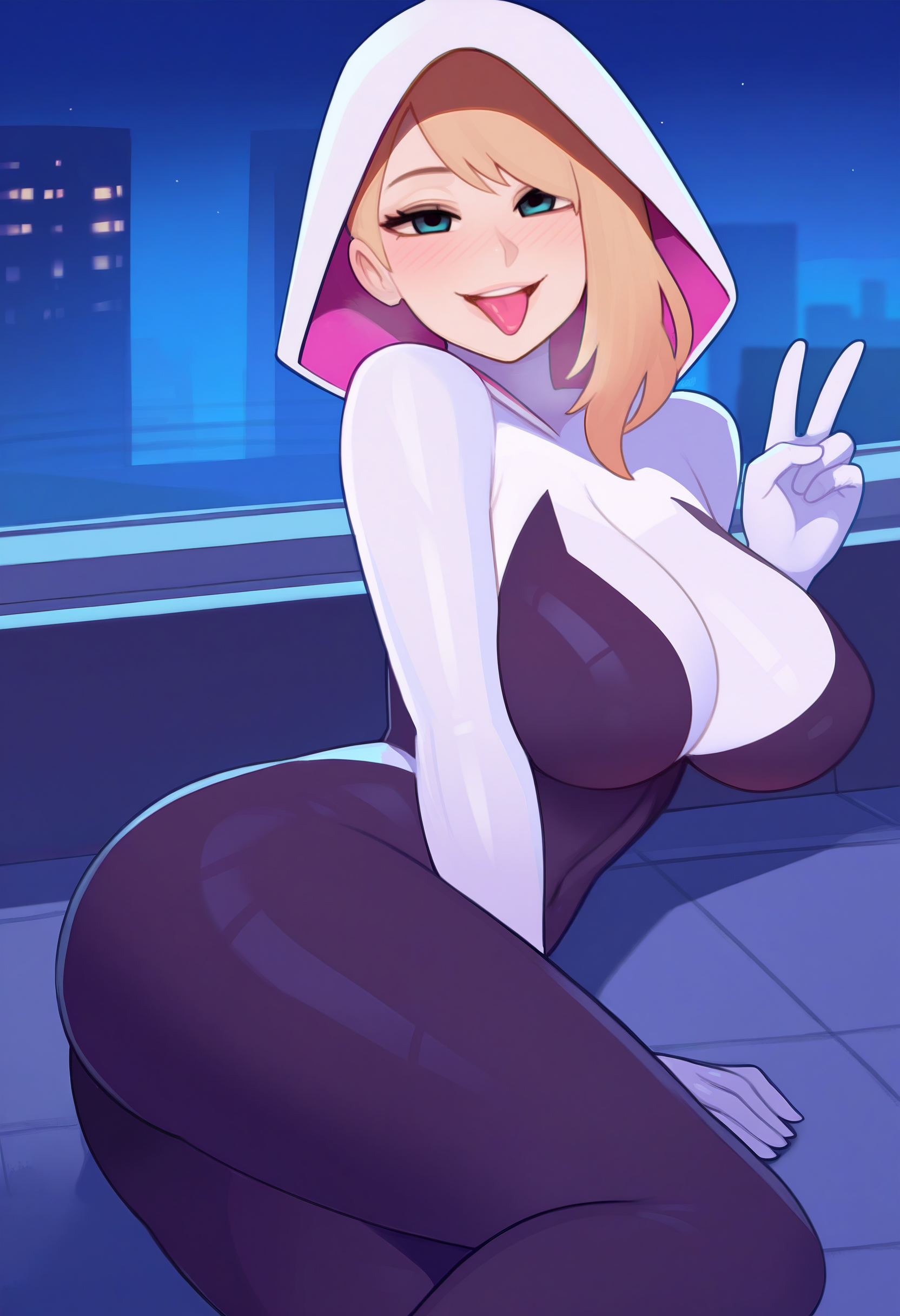 1girl, solo, gwen stacy, tongue out, on side, v, looking at viewer, night, rooftop, skin tight, curvy, 
masterpiece, best quality, <lora:rezodwel-guy90-Illust-Lycorisv1:1> rezwel