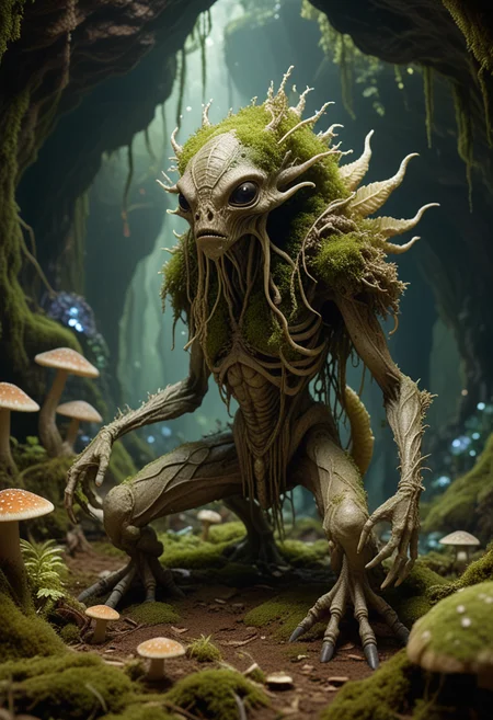 (medium full shot) of (otherworldly hybrid creature) with mossy earthy brown skin, exoskeleton plates, fungal tendrils, alien crest, leaf-like fronds, glowing scales, crystal shards, in set in an otherworldly cavern, filled with oversized fungi of various shapes and colors, the air thick with spores and the ground covered in a carpet of moss, during twilight, Masterpiece,best quality, photo, realistic, very aesthetic, detailed face,