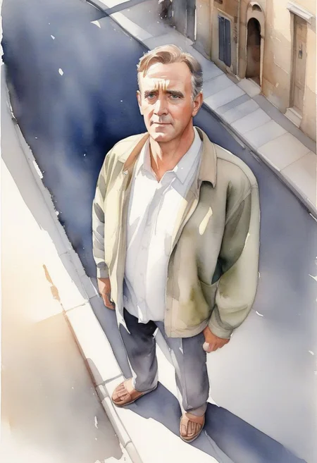 best quality, high res, high_angle, comp_right, 2/3_front, full_body,, (1man), standing in a street, detailed eyes and face, soft lighting, watercolor, semi-realistic