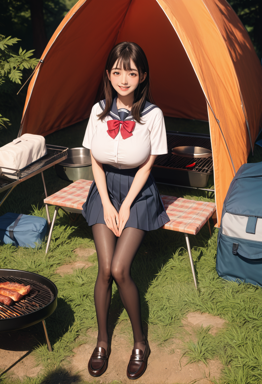 ,ruanyi1256,outdoors,tent,grill,school uniform,pleated skirt,black pantyhose,loafers,<lora:1256 camping_v1_pony:0.8>, score_9, score_8_up, score_7_up, score_6_up, score_9, score_8_up, score_7_up, score_6_up source_anime, blush, 1girl, seduce smile, perfect body , natural huge breasts