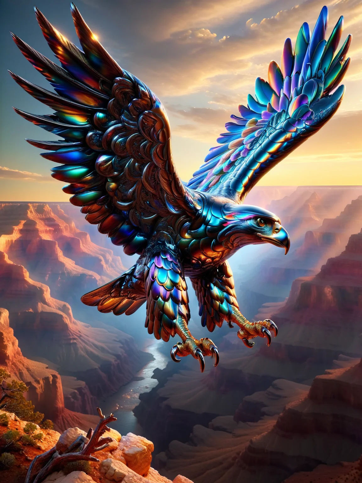 A majestic ais-metalz eagle soaring above the Grand Canyon at sunset, its feathers reflecting a spectrum of colors <lora:Metallic_Iridescence_SDXL:1>