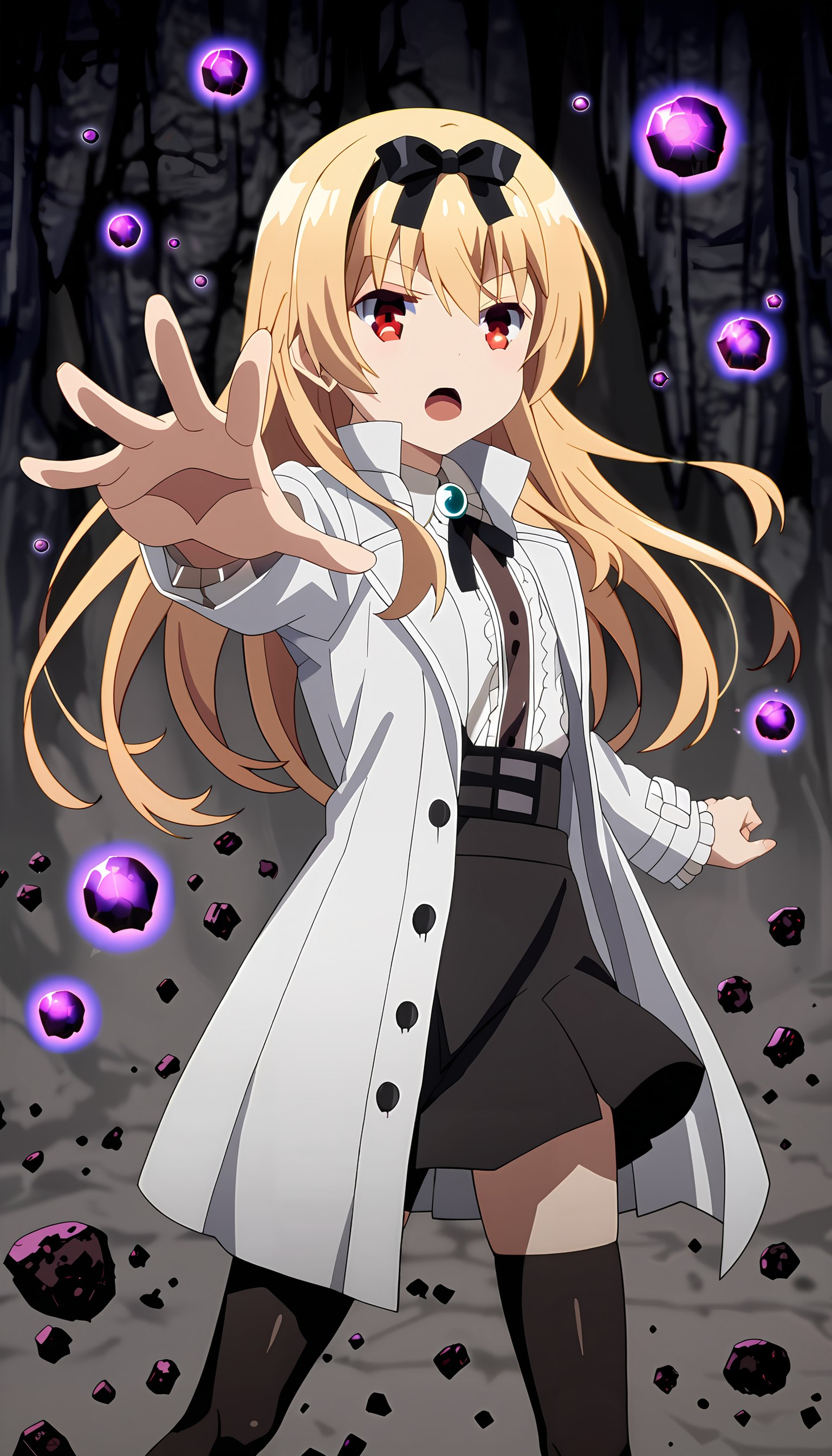score_9, score_8_up, score_7_up,source_anime,1girl,child,Yue,attack pose, ready to attack,one arm straight at side,shouting,one hand casting black orb magic, (black and stripes floating everywhere in circles),confident pose,blonde hair swirling in wind to the right, hair swirling in intricate patterns, white dress, white shirt, (black skirt), coat, black thighhighs, black hairband, hairbow, neck ribbon,half-cosed eyes,looking at viewer,simple background,cave dungeon,darkness,breathtaking scenery,magnificent view,8k,16k,raytracing
