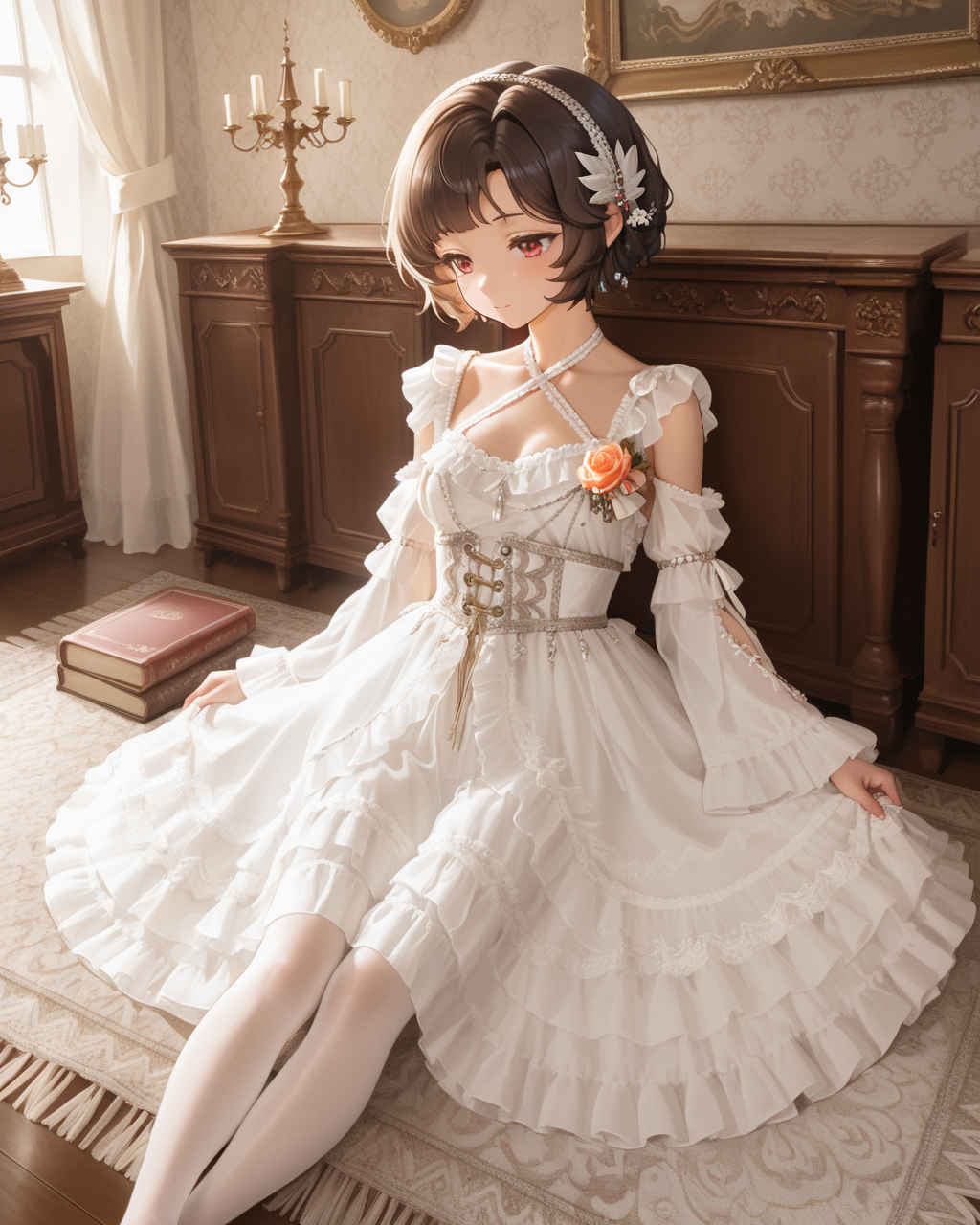 Positive: Masterpiece, best quality, amazing quality, very aesthetic, high resolution, ultra-detailed, absurdres,
1girl,solo,
schndef, short hair, feather hair ornament,small breasts,brown hair, red eyes,white hairband, 
white off-shoulder lace ruffled dress,
white dress,white off-shoulder,lace,frills,
criss-cross halter,
corsage,jewelry,
long sleeves,detached sleeves,
white lace pantyhose,sitting，
Sunlight-filled, high ceilings, crown moldings, elegant wallpaper, framed artwork, grand bookcase, leather-bound books, polished wooden table, vintage tablecloth, upholstered armchairs, marble fireplace, patterned rug, crystal chandeliers, refined elegance, timeless sophistication.