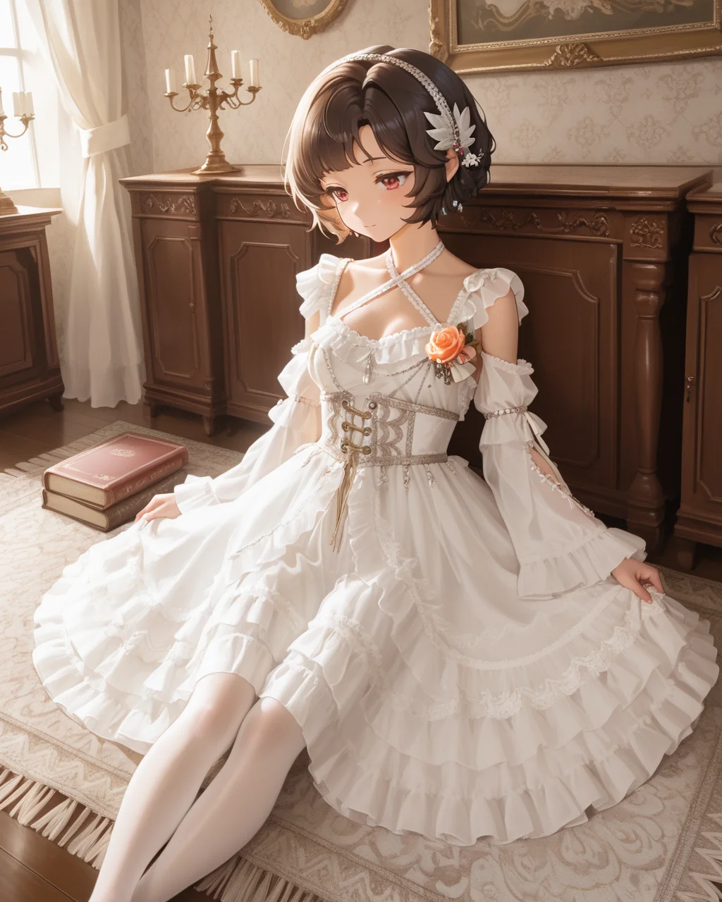 Positive: Masterpiece, best quality, amazing quality, very aesthetic, high resolution, ultra-detailed, absurdres,
1girl,solo,
schndef, short hair, feather hair ornament,small breasts,brown hair, red eyes,white hairband,
white off-shoulder lace ruffled dress,
white dress,white off-shoulder,lace,frills,
criss-cross halter,
corsage,jewelry,
long sleeves,detached sleeves,
white lace pantyhose,sitting,
Sunlight-filled, high ceilings, crown moldings, elegant wallpaper, framed artwork, grand bookcase, leather-bound books, polished wooden table, vintage tablecloth, upholstered armchairs, marble fireplace, patterned rug, crystal chandeliers, refined elegance, timeless sophistication.