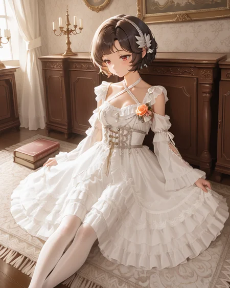Positive: Masterpiece, best quality, amazing quality, very aesthetic, high resolution, ultra-detailed, absurdres,
1girl,solo,
schndef, short hair, feather hair ornament,small breasts,brown hair, red eyes,white hairband, 
white off-shoulder lace ruffled dress,
white dress,white off-shoulder,lace,frills,
criss-cross halter,
corsage,jewelry,
long sleeves,detached sleeves,
white lace pantyhose,sitting，
Sunlight-filled, high ceilings, crown moldings, elegant wallpaper, framed artwork, grand bookcase, leather-bound books, polished wooden table, vintage tablecloth, upholstered armchairs, marble fireplace, patterned rug, crystal chandeliers, refined elegance, timeless sophistication.