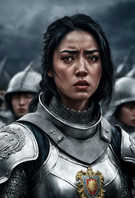 Illustration of a black-haired woman with very stern features, she is wearing silvery armour with a heraldic coat of arms, she is crying, her head is tilted downwards, behind her battlefield, gloom, pain, horror, battlefield, war, war, soldiers fighting, night, dark atmosphere, symmetrical eyes, fine details best quality, hyperdetailed face, (photorealistic:1. 4), (highest quality), (best shadow), high contrast