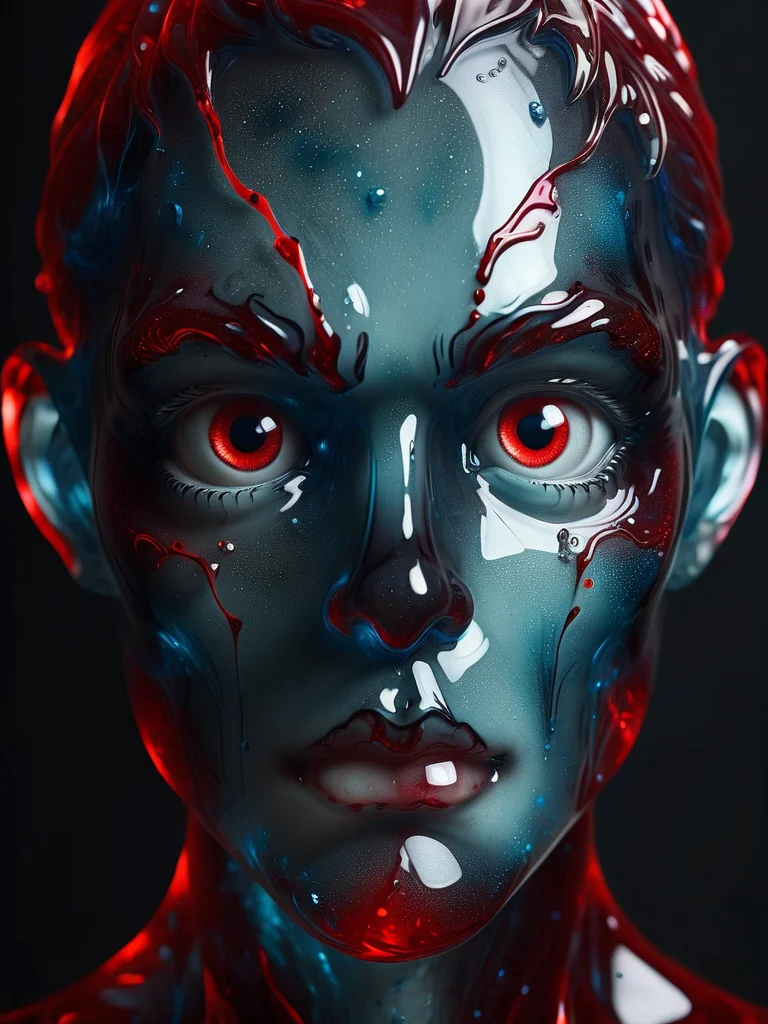 A creepy dark humanoid figure with big red eyes, scary, eerie, stunning fantasy photo, fantasy background <lora:ral-blueresin-sdxl:1> made of ral-blueresin