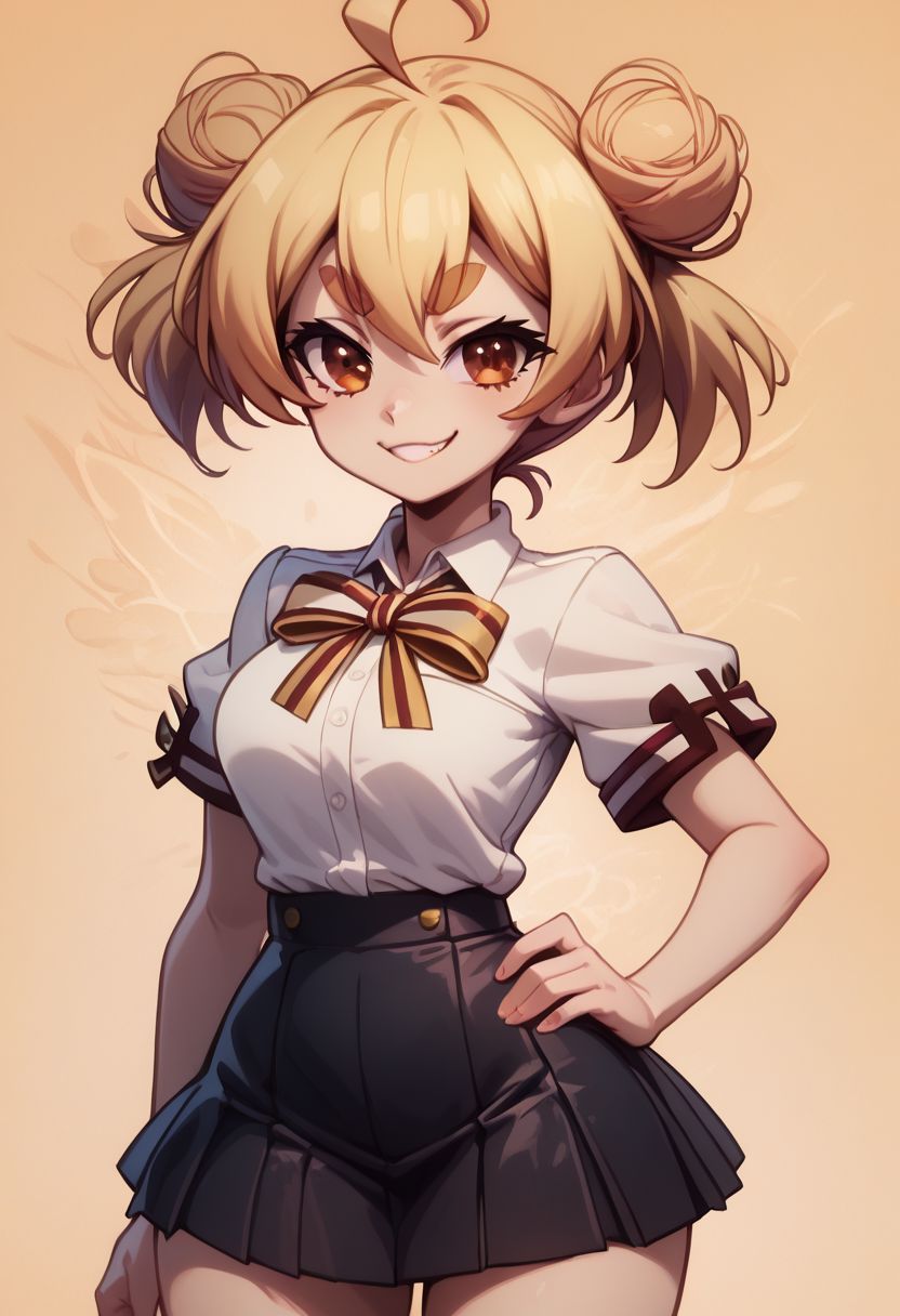 score_9, score_8_up, score_8, big breasts, (curvy), cute, eyelashes, 
BREAK, 
zzgakumazawatatsuko, bangs, blonde hair, hair between eyes, brown eyes, ahoge, hair bun, double bun, thick eyebrows, 
school uniform, neck ribbon, white shirt, collared shirt, short sleeves, black skirt,
cowboy shot, smile, smug, hand on hip, wide hips, 
BREAK, 
zPDXL, Expressiveh p4st3lg0r3