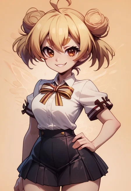 score_9, score_8_up, score_8, big breasts, (curvy), cute, eyelashes,
BREAK,
zzgakumazawatatsuko, bangs, blonde hair, hair between eyes, brown eyes, ahoge, hair bun, double bun, thick eyebrows,
school uniform, neck ribbon, white shirt, collared shirt, short sleeves, black skirt,
cowboy shot, smile, smug, hand on hip, wide hips,
BREAK,
zPDXL, Expressiveh p4st3lg0r3