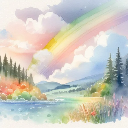 SoftWaterColors, a rainbow, cute, clouds