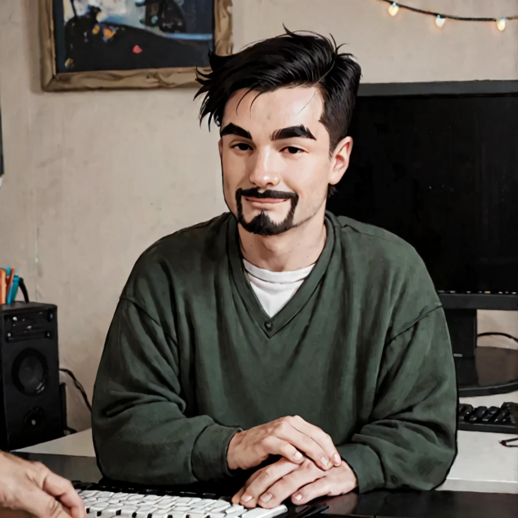 score_9, score_8_up, score_7_up, score_6_up, score_5_up, score_4_up, <lora:Dante_Hicks:0.7>, solo, short hair, shirt, black hair, 1boy, upper body, male focus, keyboard, pc, smile, indoors, black eyes, facial hair, thick eyebrows, mustache, monitor, long sleeves, green sweater, realistic, photorealistic, closed mouth,