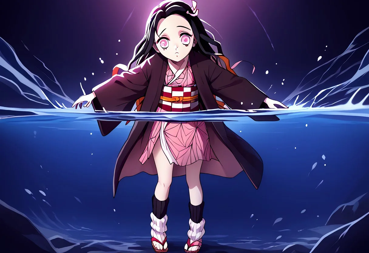 kamado nezuko,1girl, black hair, pink eyes, magenta pupils, pink hair ribbon, two-tone hair, nezukob, black hair, purple eyes,white pupils, pink hair ribbon, two-tone hair, nezukoc, black hair, solid circle eyes, parody, pink hair ribbon, two-tone hair, pink kimono, black haori,asa no ha \(pattern\), checkered obi, black leg warmers, white socks, sandals, virgin destroyer sweater, partially underwater shot