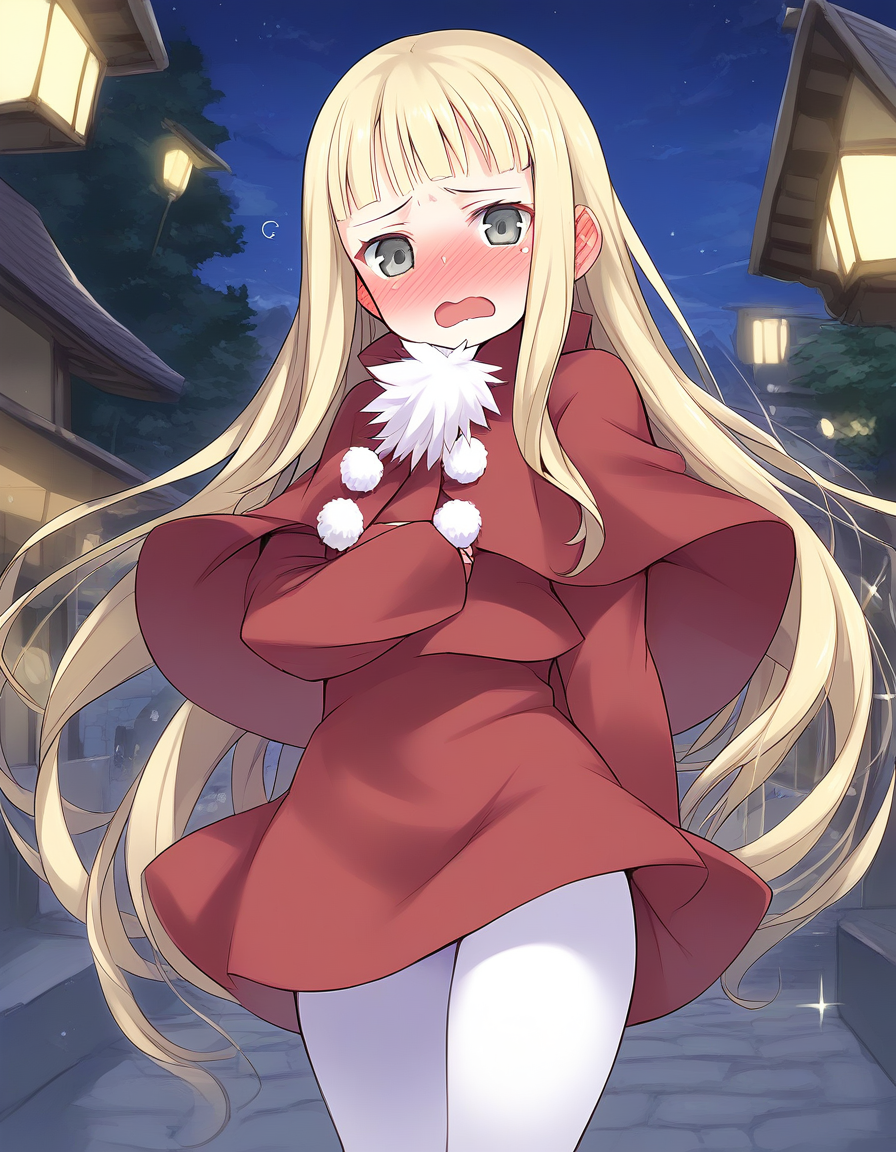 score_9, score_8_up, score_7_up, source_anime, rating_explicit, BREAK  <lora:Belfraw_Martini_Ver2.0_XL:1> Belfraw_Martini, 1girl, solo, very long hair, blonde hair, grey eyes,  bangs, short stack, 
1girl, solo,  open mouth,  pom pom (clothes), capelet, sky, :d,  long sleeves, white pantyhose, red skirt,
outdoor, town, tree, night,
sad, full-face blush, embarrassed, motion lines, motion blur,
looking at viewer, 
cowboy_Shot,