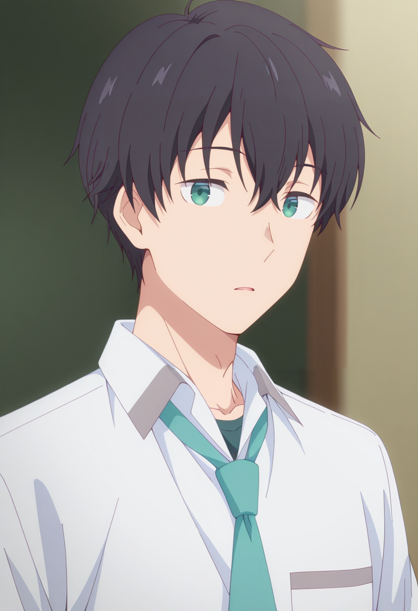 masterpiece, best quality, amazing quality,high resolution, intricate details,official style,depth of field,anime coloring,anime screencap , , , 1boy, solo, male focus, <lora:Yuuta_Asamura:0.94>,yuuta asamura,black hair,green eyes,short hair,collared shirt,necktie ,looking at viewer