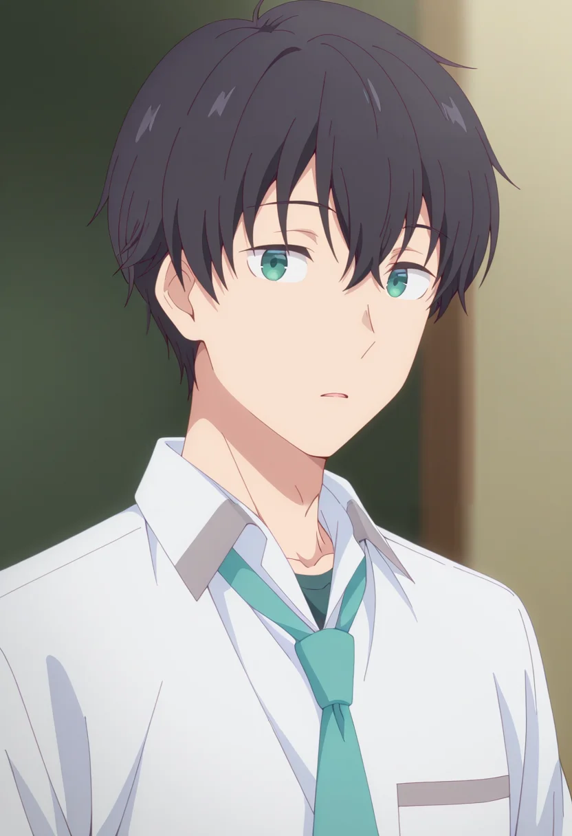 masterpiece, best quality, amazing quality,high resolution, intricate details,official style,depth of field,anime coloring,anime screencap , , , 1boy, solo, male focus, <lora:Yuuta_Asamura:0.94>,yuuta asamura,black hair,green eyes,short hair,collared shirt,necktie ,looking at viewer