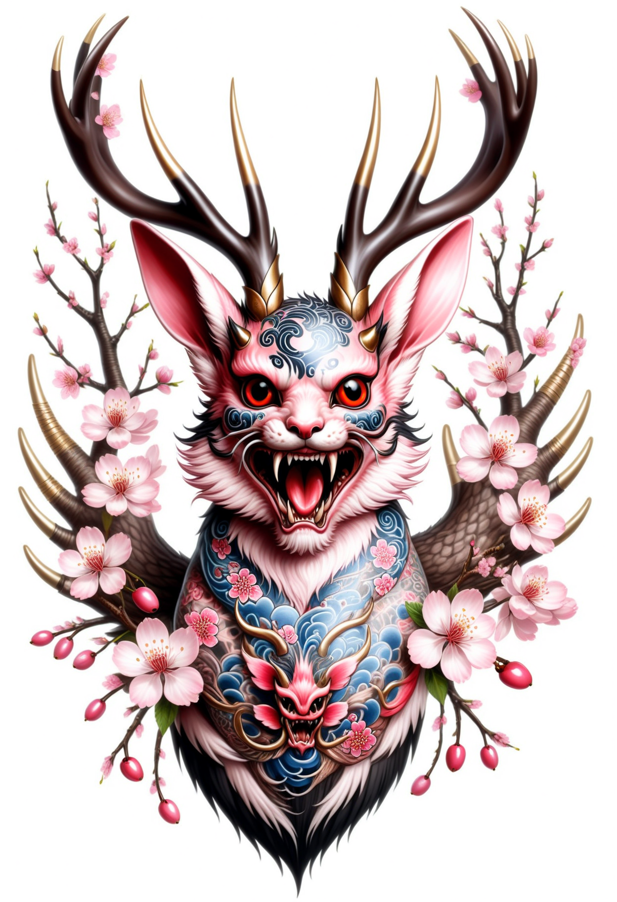 masterpiece, best quality, <lora:EPIrezumiWorldSDXL_epoch_5:1.2>, EPIrezumiWorld, cherry blossoms, tattoo, irezumi, wolpertinger, mythical mammalian creature, hybrid creature, wings, antlers, fangs, feathers, rabbit ears, small furry body,  humorous, imaginative, curiosity, whimsical, fictional