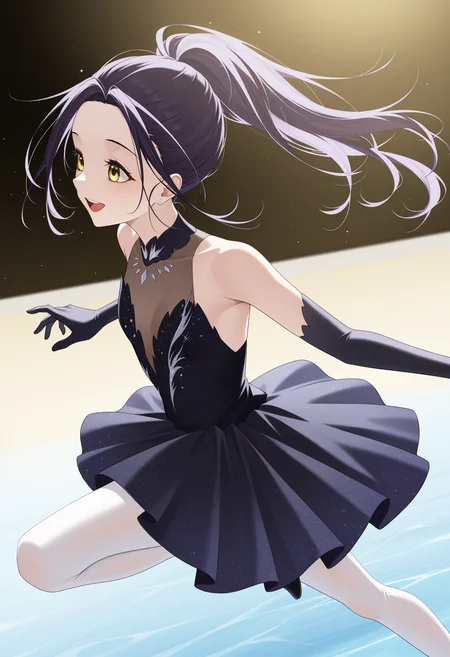 <lora:Hikaru KAMISAKI_1.0_illustrious-000036:1>,
HKA_three,solo,black dress,elbow gloves,yellow eyes,smile,jewelry,black gloves,ponytail,long hair,white pantyhose,purple hair,black hair,sleeveless dress,skating rink,skating,upper teeth only,open mouth,dancing,ballet,one leg up