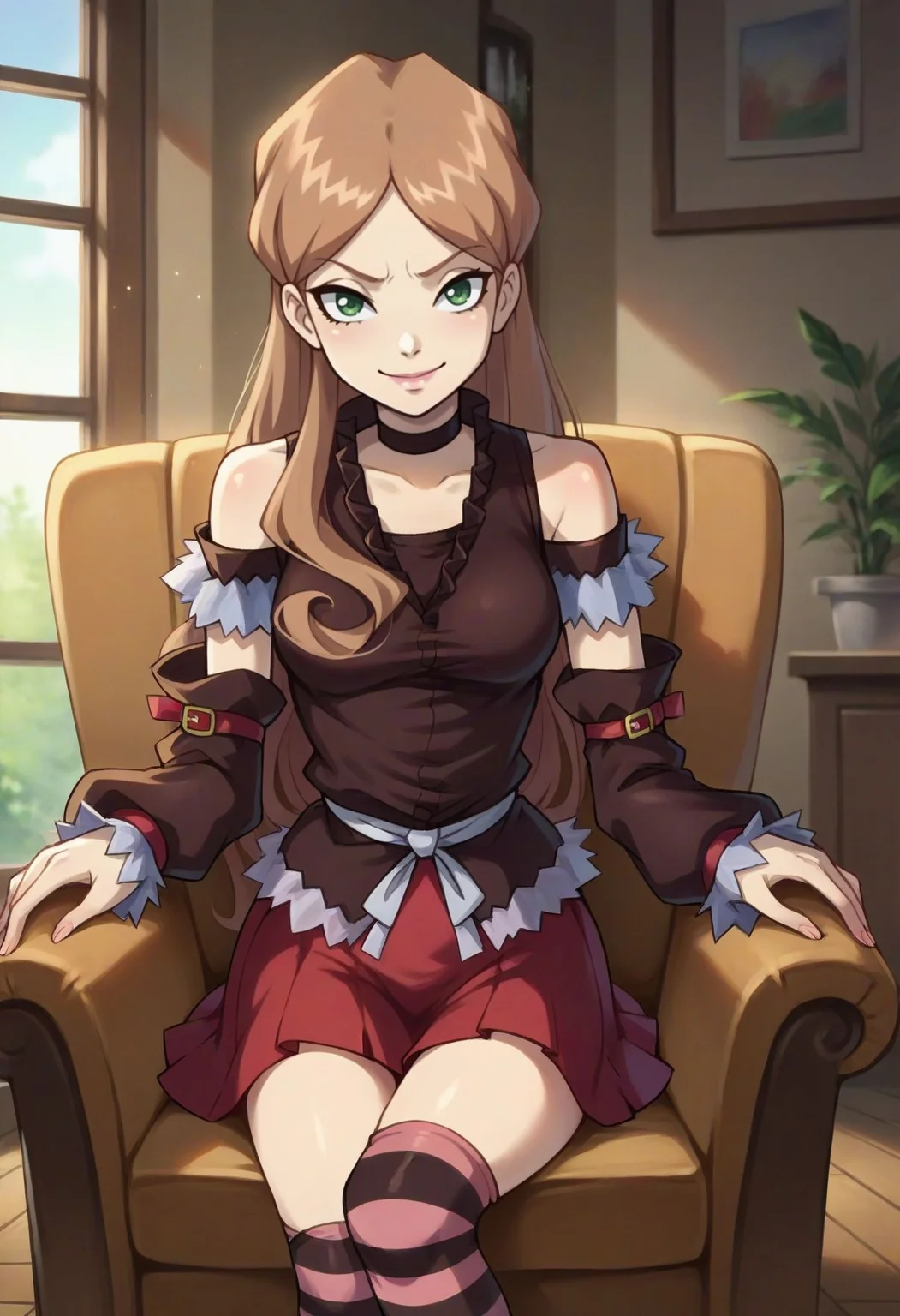 score_9, score_8_up, score_7_up, source_anime,  <lora:Sophie_Casterwill-000009:0.8> Sophie Casterwill, 1girl, long hair, brown hair, green eyes, detached sleeves, choker, red skirt, striped legwear, thighhighs, smile, sitting, living room, chair, looking at viewer