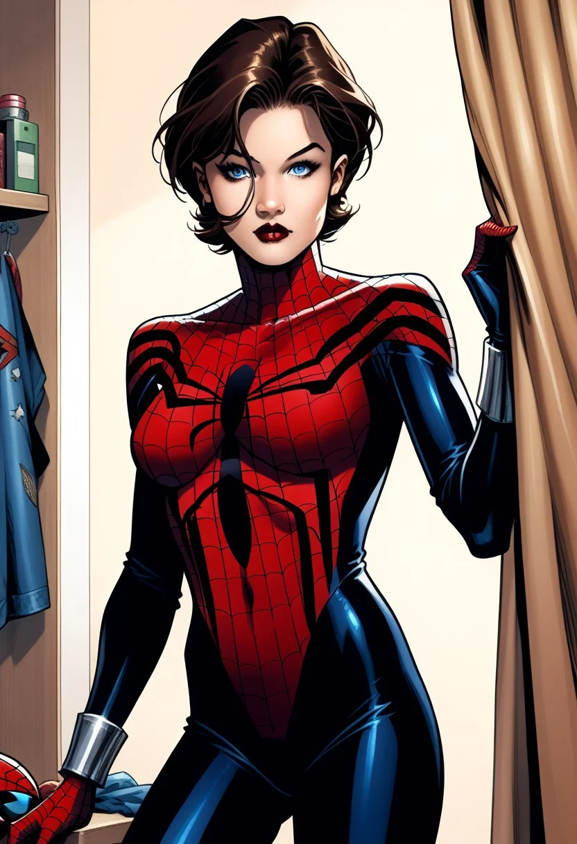 score_8, score_8_up, score_7_up, 1girl, female focus, solo, source_cartoon, Comistyle, Mayday_MC2, blue eyes, brown hair, asymmetrical hair, bob cut, (lipstick:0.5), SGMC2, mask removed, bodysuit, print body suit, spider web print, white bracers, gloves, superhero, (from side:0.5), cowboy shot, standing, indoors, fitting room, curtain, hand up, looking at viewer,