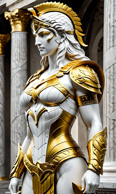 a statue of an Amazon in armor, best quality, masterpiece, <lora:cstatuesdxl:0.8>, cstatuesdxl, white and gold, muscular woman,