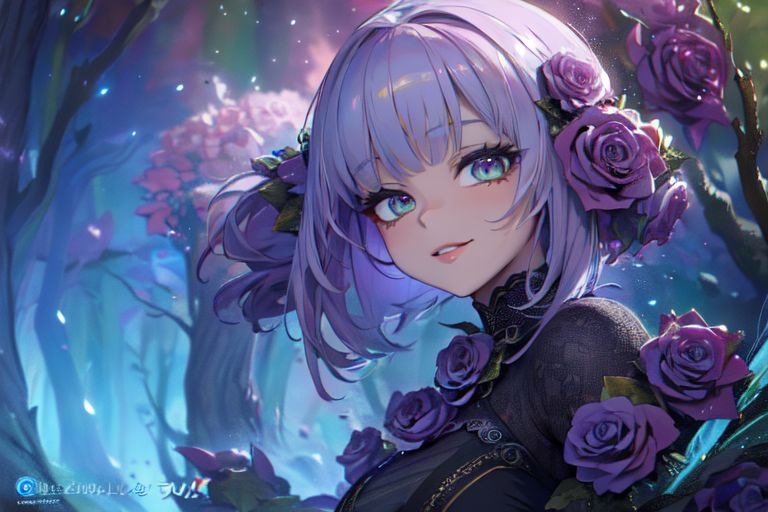 (masterpiece:1.4), 4K8K, (anime style), (high shutterspeed:1.4), (sharp edges), 
SyFyEye1, FanFo, 
1woman  hands togather,  leaning foward, face focus, smile, closed mouth, 
wearing Celtic style dress, (Detailed face, Detailed eyes, Detailed lips), (solo), 
any colored roses, Fantastic Forest at fantasy night,