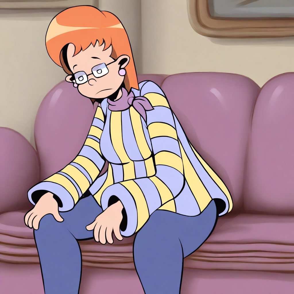 masterpiece, best quality, solo, lydia_p, orange hair, short hair, glasses, earrings, striped shirt, pants, sitting, sofa