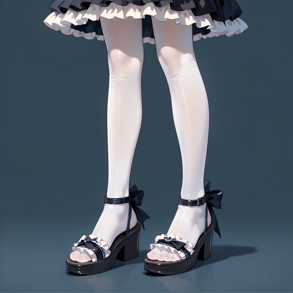 score_9, score_8_up, anime source, simple background, 
1girl, solo, lower body, 
toelessfootwear, feet, white legwear, sandals, frills, gothic, 
  <lora:toeless_footwear_pony_v1:0.6>