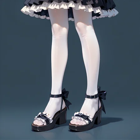 score_9, score_8_up, anime source, simple background, 
1girl, solo, lower body, 
toelessfootwear, feet, white legwear, sandals, frills, gothic, 
  <lora:toeless_footwear_pony_v1:0.6>