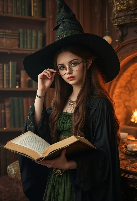 "Photo-realistic image of A young french witch with long brown hair, wearing a large, pointed black hat that slightly shadows her face. She has round glasses , green eyes and is dressed in a modest, flowing black robe with green accents. She holds an open book in one hand, while the other hand adjusts her glasses, giving her a studious and focused appearance. The robe drapes elegantly to the floor, completing her traditional witch look.
Background: Cozy, candle-lit study filled with ancient bookshelves, a wooden desk cluttered with scrolls and potions, and a softly crackling fireplace. The room is warm and inviting, with magical artifacts scattered around, creating an atmosphere of scholarly pursuit and quiet magic