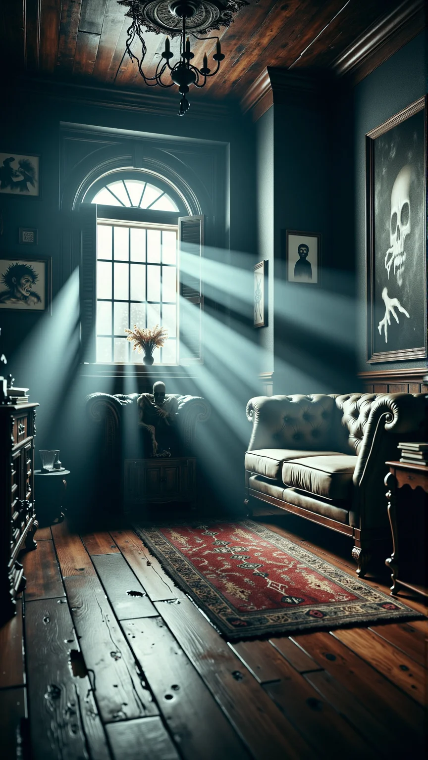 A stunning horror a professional (film grain:1.2) photography, realistic photo of a dark cursed drenched horror a relaxing room with a wooden table and a big sofa and paintings on the wall, high quality, 8 k, architecture, symmetrical, harmonious, complementary colors, calm, high coherence, natural lighting, path traced, highly detailed, hyperrealistic, concept art, octane render, unreal engine 5, trending on artstation, beautiful, elegant <lora:DarkmosphericFlux:0.65>, gas spirit rising up, high resolution photography, ultra resolution, 4k, 8k, 16k, HDR, DOF, studio photography, professionalism<lora:AHauntedFlux:0.5>photography,centered subject,eye-level angle,tight framing,Cool color palette,cinematic lighting,multilayered realism,(from behind:1.5),shot on Sony A1 with Sony FE 20mm f-1.8 G