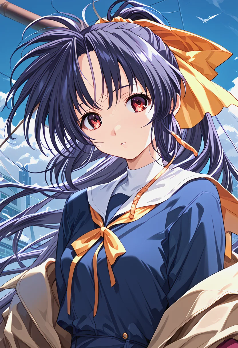 <lora:trumkuu_Pv11-000030:1>, ntrkuu, 1girl, long hair, long sleeves, parted lips, ponytail, red eyes, solo, yellow ribbon, (school uniform:0.8),, BREAK score_9, score_8_up, score_7_up, score_6_up, source_anime, best quality,
