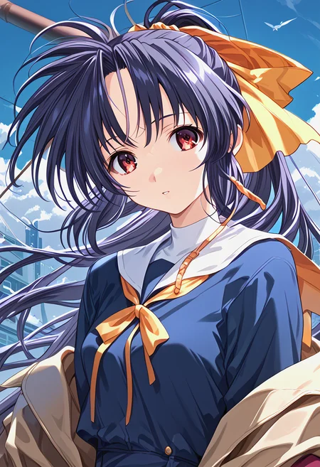 <lora:trumkuu_Pv11-000030:1>, ntrkuu, 1girl, long hair, long sleeves, parted lips, ponytail, red eyes, solo, yellow ribbon, (school uniform:0.8),, BREAK score_9, score_8_up, score_7_up, score_6_up, source_anime, best quality,