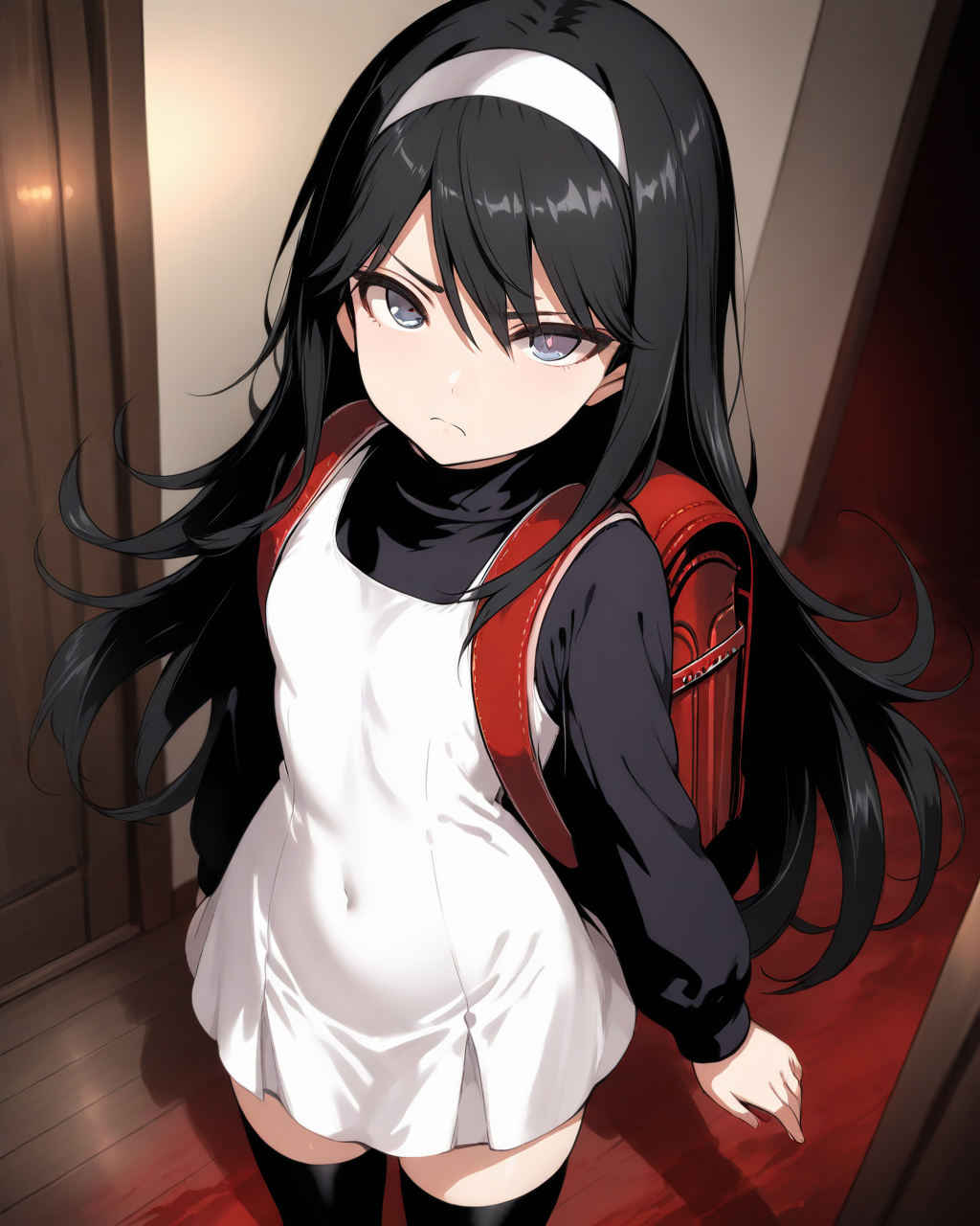1girl,
SakoErikaDevilSummoner,
safe, solo, perspective, from above, dutch angle,
long hair, black hair, hairband,
beautiful eyes, looking at viewer, frown,
white dress, turtleneck, long sleeves,
black thighhighs, zettai ryouiki, randoseru,
room, dim lighting, blood,
depth of field,
<lora:kp_SakoErikaDevilSummonerAnimagineXL_v1_0:1.0>
masterpiece, high score, great score, absurdres
