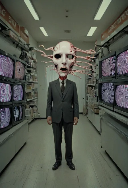 the man is a slicer: the slicer slices face's slices into further slices: the other man is the puller. The puller pulls the slices apart into planar sections dividing the entire image, and the face becomes a mask of incomprehension slit into an array of emigmatic glowing visions, both paranoiac and wildly schizoid. He has a haunting, bone aching beauty that is impossible to ignore, androgeny.