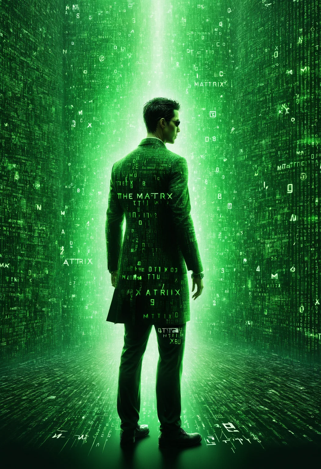 the silhouette of a person, double exposure, green matrix glyphs flying past, digital art, amazing quality, very detailed, trending on artstation, poster art with (text logo "THE MATRIX":1.5) <lora:dvr-txt:0.8> dvr-txt