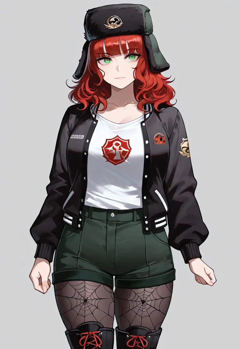 , (score_9, score_8, score_7), masterwork, masterpiece, best quality, beautiful face, detailed face, beautiful eyes, detailed eyes, cassidy01,1girl, red wavy hair, shoulder-length hair, blunt bangs, green eyes, pale skin, black ushanka hat with green ear flaps, golden emblem on hat, white t-shirt, black and white varsity jacket, dark green shorts, black pantyhose with spiderweb pattern, black combat boots with red shoelaces