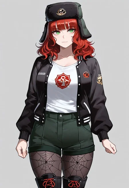 , (score_9, score_8, score_7), masterwork, masterpiece, best quality, beautiful face, detailed face, beautiful eyes, detailed eyes, cassidy01,1girl, red wavy hair, shoulder-length hair, blunt bangs, green eyes, pale skin, black ushanka hat with green ear flaps, golden emblem on hat, white t-shirt, black and white varsity jacket, dark green shorts, black pantyhose with spiderweb pattern, black combat boots with red shoelaces