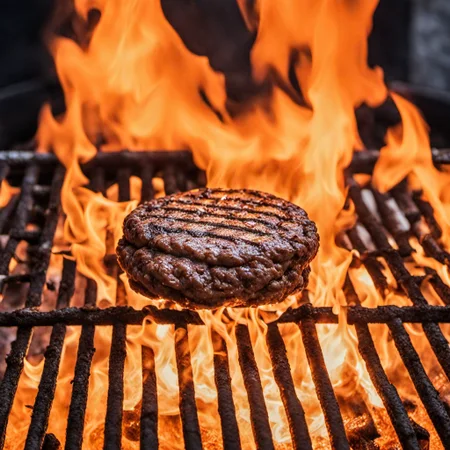 a burger patty on a grill inferno <lora:inferno:1> all over