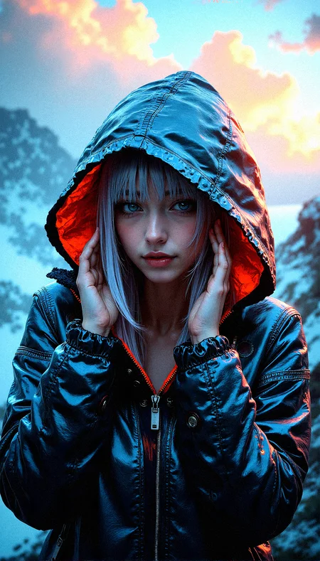 A mysterious beauty is the focal point of this intricate digital artwork, her shining silver hair barely visible beneath a stylish hooded jacket with neon lining. The jacket is made of a reflective, almost metallic material that catches and refracts light in complex ways, creating a visually stunning texture. The figure’s eyes are hidden in the shadows of the hood, adding to the air of mystery and intrigue. The background features a dramatic, on a cold mountain summit, cloud-filled sky, rich with vibrant colors and swirling patterns, as if nature itself is in turmoil or transition. The lighting is intense, with beams of light cutting through the clouds, casting dynamic shadows across the figure’s face and clothing. The overall composition is highly complex, with rich, saturated colors and extreme detail, making every element—from the texture of the jacket to the vibrant sky—stand out with striking clarity and depth.
Fingers lightly touching the temples, indicating concentration