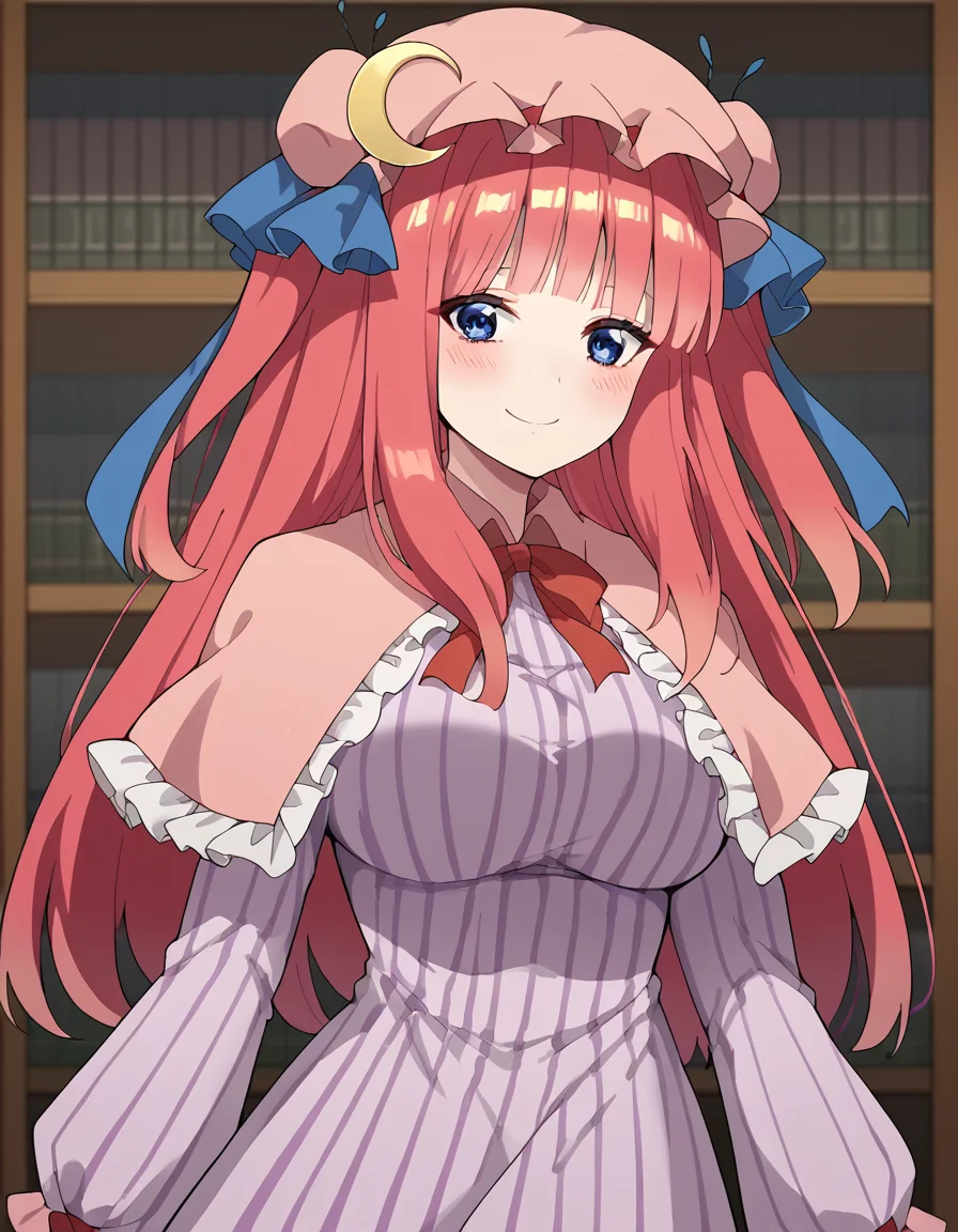 score_9, score_8_up, score_7_up, source_anime, <lora:nnakano-s2-ponyxl-lora-nochekaiser:1>, long hair, bangs, blue eyes, hair ornament, hair ribbon, pink hair, blunt bangs, two side up, butterfly hair ornament, mature female, large breasts,, <lora:patchouli-knowledge-cosplay-ponyxl-lora-nochekaiser:1>, patchouliknowledgecosplay, patchouli knowledge \(cosplay\), blue bow, bow, crescent, crescent pin, dress, hair bow, hat, mob cap, pink dress, pink hat, red bow, capelet, long sleeves, frilled sleeves, frilled capelet, striped clothes, striped dress,, indoors, library, smile, blush,, cowboy shot, dutch angle, solo,