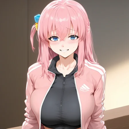 (extremely detailed CG unity 8k wallpaper),eye catching,(masterpiece), (best quality), (ultra-detailed), extremely detailed,(best illustration), an extremely delicate and beautiful ,CG ,unity ,8k wallpaper,solo, smile, masterpiece, best quality, smile, highly detailed, score_4_up, score_anime, score_realstic, gotou1, gotou hitori, solo, skirt, pink jacket, track jacket, bangs, hair between eyes, long sleeves, medium breasts