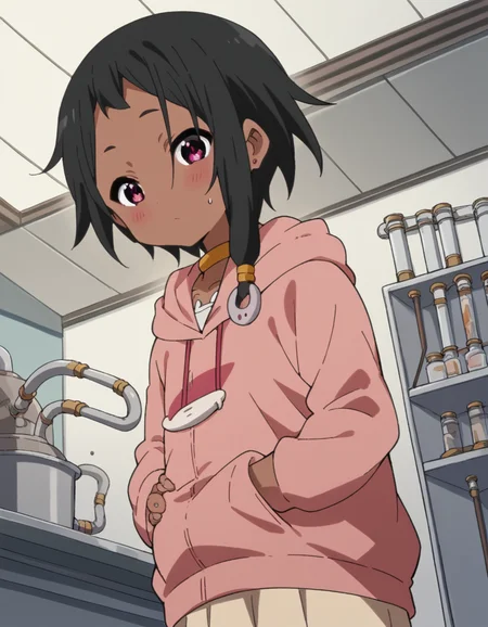 score_9, score_8_up, score_7_up, source_anime, <lora:choi-mochimazzi-s1-ponyxl-lora-nochekaiser:1>, choi mochimazzi, short hair, black hair, dark skin, dark-skinned female, pink eyes, sidelocks, jewelry, hoodie, pink hoodie, skirt,, refinery, pipes, smoke, metal, oil, , hand on stomach, blush,, looking at viewer, solo,, dutch angle, cowboy shot
