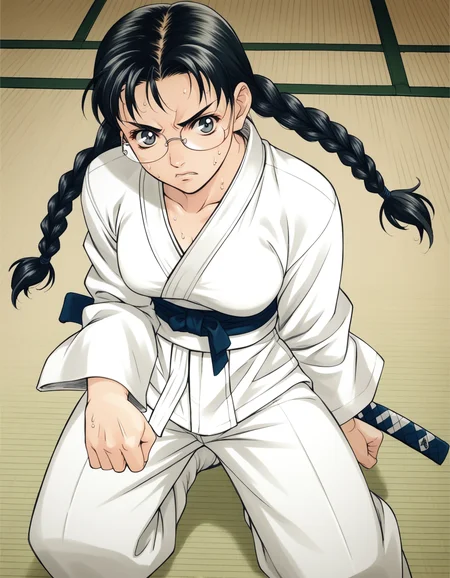 score_9, score_8_up, score_7_up, <lora:peridot-voice-ponyxl-000022:0.8> a0bak3i, black hair, glasses, twin braids, dougi, karate gi,
1girl, solo, determined, sweat, battle damage, tatami, dojo