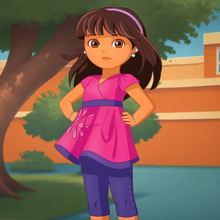 score_9, solo, dora_af, dark-skinned female, brown hair, long hair, hairband, earrings, brown eyes, dress, leggings, hands on hips, looking at viewer, tree,